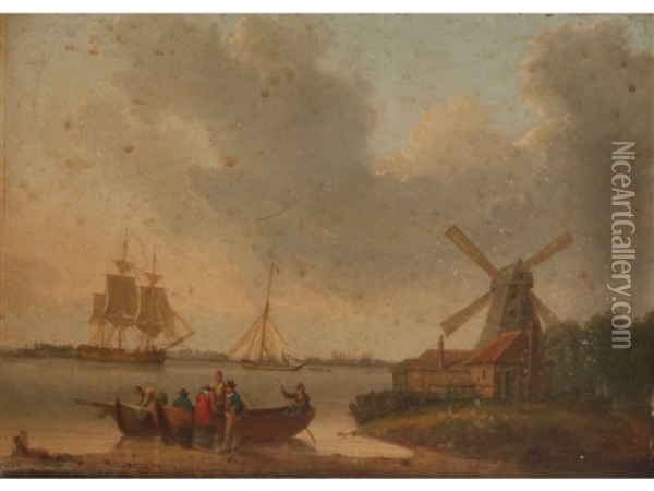 Figures And Boats On A Shoreline With A Windmill And Sailing Vessels Beyond Oil Painting - William Anderson