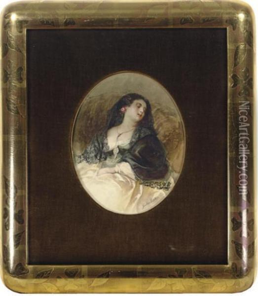 A Sleeping Beauty With A Black Shawl Oil Painting - Gustav Karl Richter