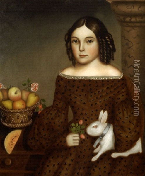 Portrait Of Young Girl With Ringlets Holding A White Rabbit Oil Painting - Horace Bundy