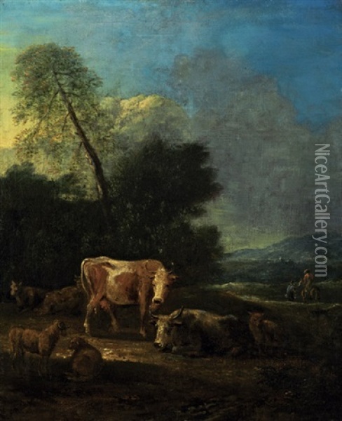 Pastorale Szene Mit Ruhenden Kuhen Und Schafen In Italienischer Landschaft, Im Hintergrund Ein Reiter Oil Painting - Dirk van Bergen