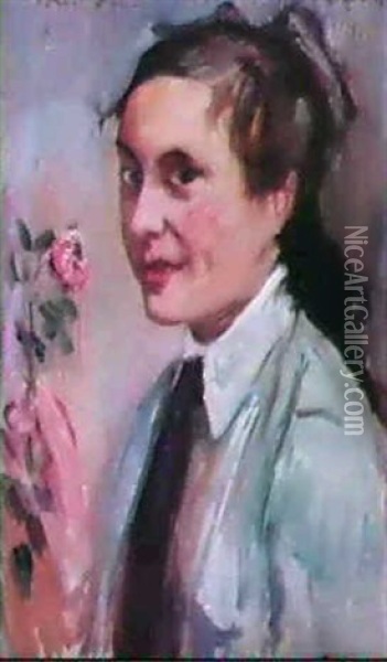 Die Rose - Portrait Lucie Mainzer Oil Painting - Lovis Corinth
