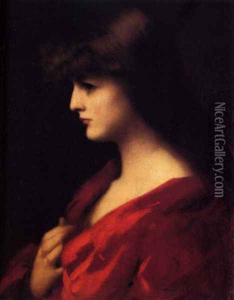 Study Of A Woman In Red Oil Painting - Jean-Jacques Henner