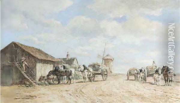 Horse-drawn wagons halting by a barn Oil Painting - Willem Carel Nakken