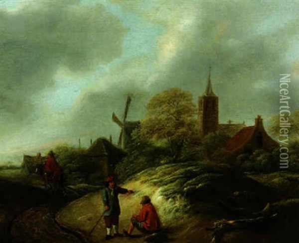 Peasants Conversing On A Track, A Village Beyond Oil Painting - Nicolaes Molenaer