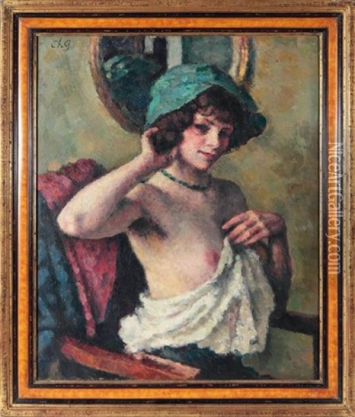 Jeune Femme Au Chapeau Bleu, Un Sein Decouvert Oil Painting - Charles Francois Prosper Guerin