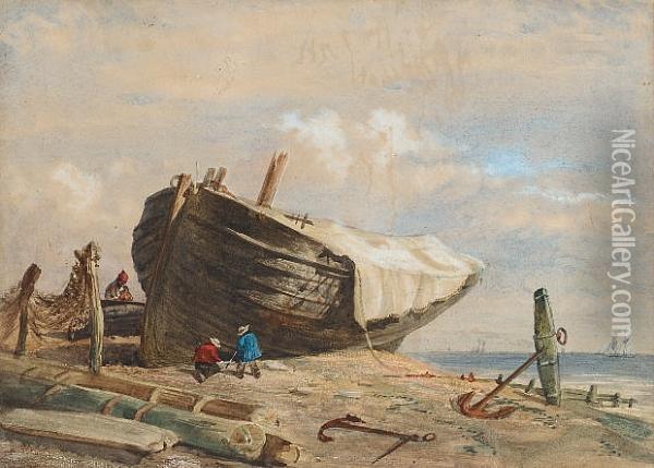 Mending The Boat Oil Painting - Samuel Prout