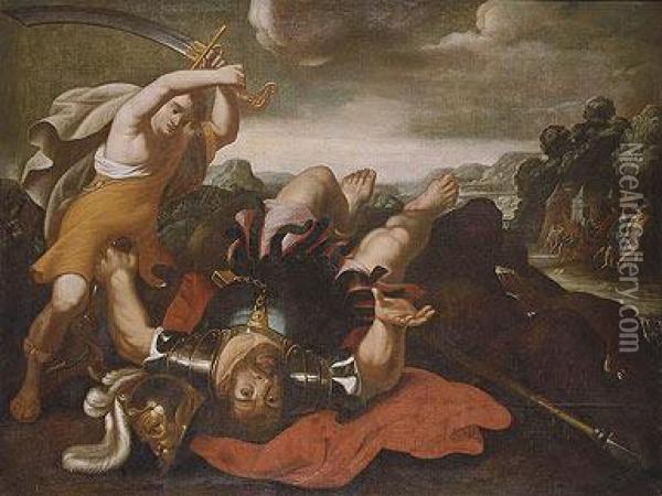 David Luchando Con Goliat Oil Painting - Paolo Domenico Finoglia