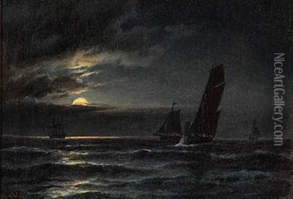 Sailing Ships In Moonlight Oil Painting - Carl Ludwig Bille