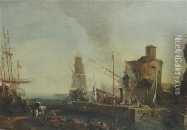 A Classical Seaport With Figures And Horse On A Quay Oil Painting - Luca Carlevarijs