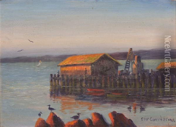 Booths Wharf, Fish Cannery, Sf Oil Painting - Edward Wilson Currier