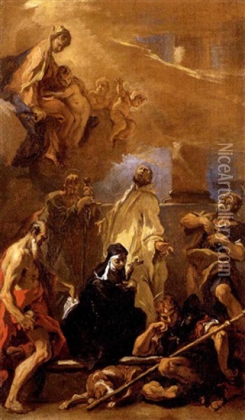 L'apparizione Della Vergine A San Benedetto Con I Santi Gerolamo, Paolo, Scolastica, Rocco E Pietro Oil Painting - Sebastiano Ricci