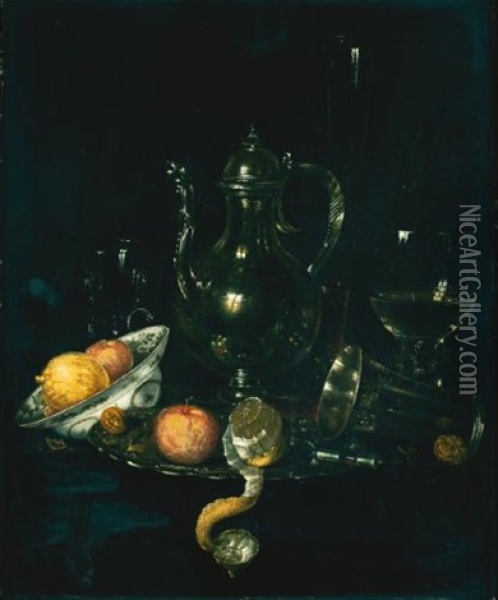 A Still Life With A Silver Ewer, A Silver Beaker, A Roemer And Fruit In A Porcelain Dish And On A Silver Platter Oil Painting - Willem Claesz Heda