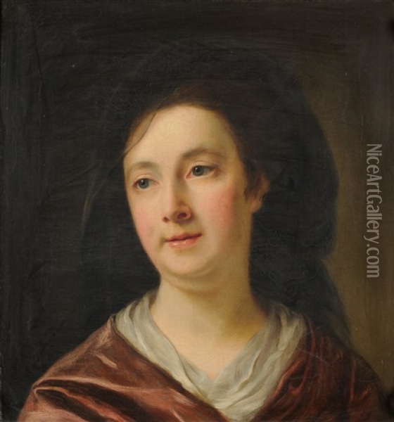 Portrait Of A Lady, Wearing A Red Dress And A Partial Veil On Her Hair Oil Painting - Nathaniel Hone the Younger