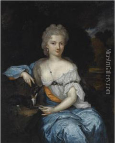 Portrait Of A Young Woman, 
Seated Three-quarter Length, Wearing Ablue And White Dress, With A Dog, 
In A Park Setting Oil Painting - Constantin Netscher