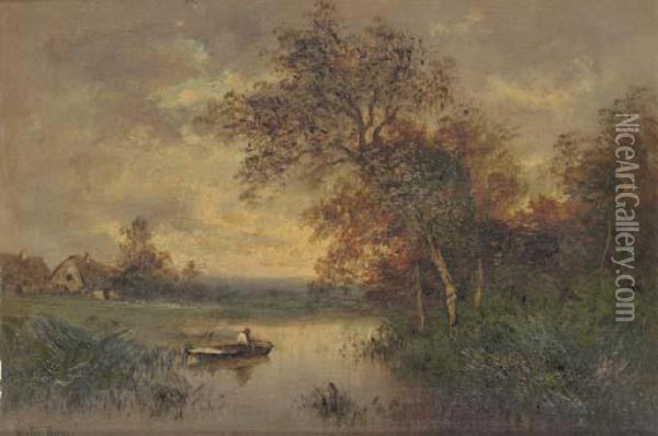 River Landscape With A Figure In A Boat Oil Painting - Leon Victor Dupre