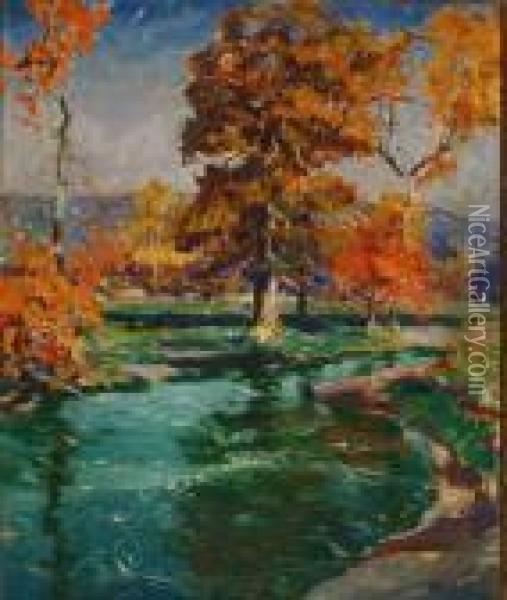Winding Stream Through An Autumn Landscape Oil Painting - Jonas Lie