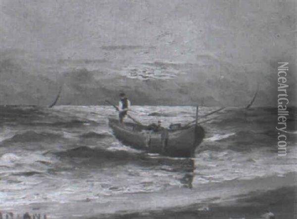 Nachtliche Kustenpartie Mit Fischerboot Oil Painting - Pompeo Mariani