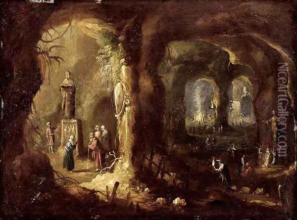 Grotto with Statues and Numerous Figures Worshipping Idols St Simeon Stylites, c.1640 Oil Painting - Rombout Van Troyen