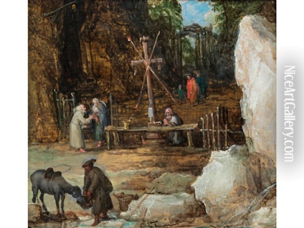 Einsiedelei Mit Monchen Und Herannahenden Pilgern Oil Painting - Jan Brueghel the Elder