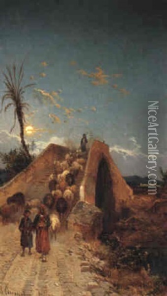 Arab Shepherds On A Bridge Oil Painting - Hermann David Salomon Corrodi