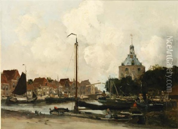 A View Of Enkhuizen Harbour With The Drommedaris Oil Painting - Willem George Frederik Jansen
