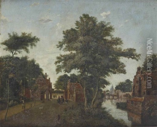 A View Of A Gateway Along A River With Elegant Figures Taking A Stroll, A Walled Town In The Distance Oil Painting - Jan Van Der Heyden
