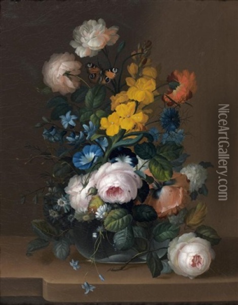 Bouquet De Fleurs Dans Un Vase Verre Sur Un Entablement Oil Painting - Johann Baptist Drechsler