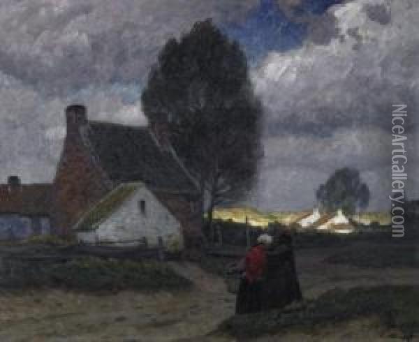 Two Ladies On The Village Street
 In A Flemish Village. Tempest Mood. Signed Bottom Right: E. Kampf Oil Painting - Eugen Kampf