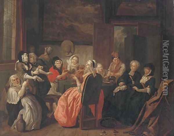 A merry company drinking and smoking in an interior Oil Painting - Joseph van Aken
