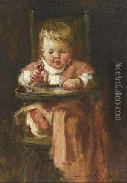 Portrait Of A Seatedchild Holding A Rattle Oil Painting - Mary Curtis Richardson