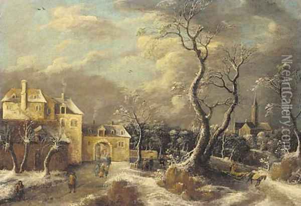 A village in winter Oil Painting - Anthonie Beerstraten