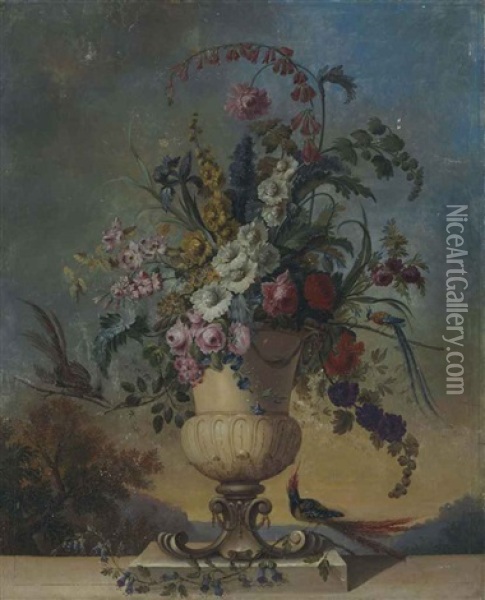 Roses, Irises, Morning Glory, Fox Glove And Other Flowers In A Sculpted Urn, On A Ledge, With Birds, In A Landscape Oil Painting - Jean-Jacques Bachelier