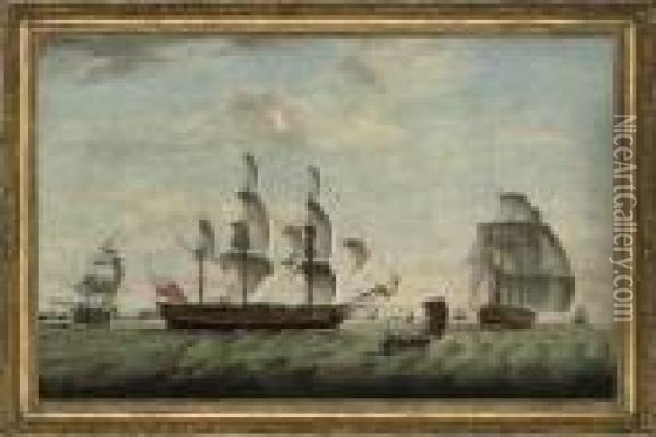 A Three-master In Three Positions In The Channel Off Dover Oil Painting - Thomas Luny