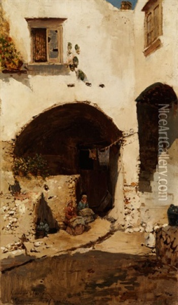 Innenhof Eines Suditalienischen Hauses Mit Gewolbekeller, Vor Dem Zwei Frauen Sitzen Oil Painting - Rubens Santoro