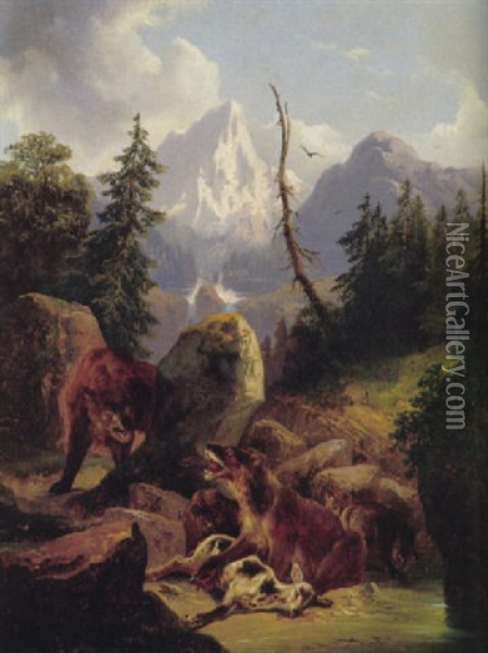 Baren Mit Erlegtem Reh Vor Aufragendem Gebirgsmassiv Oil Painting - Friedrich Gauermann