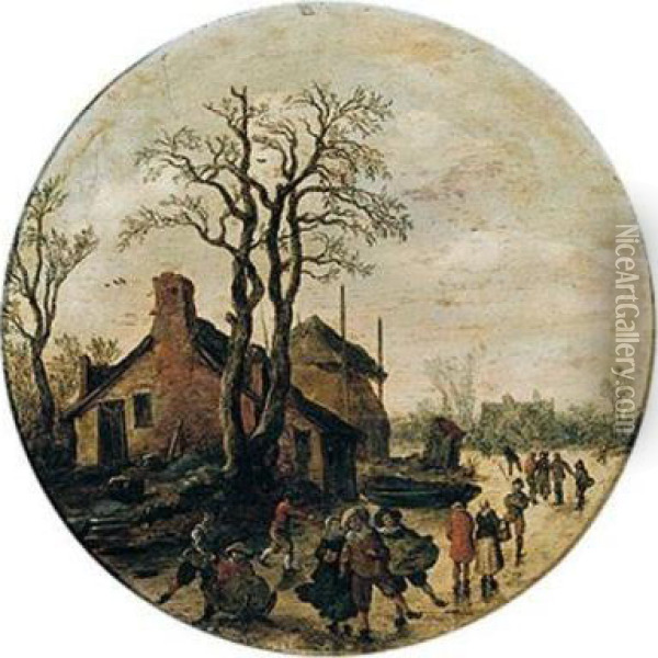 A Winter Landscape With Figures Skating And Sledging On The Ice Outside A Village Oil Painting - Jan van Goyen