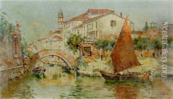 A Tranquil Canal Oil Painting - Antonio Maria de Reyna Manescau
