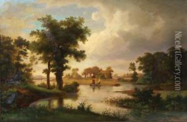 River Landscape With Sailboats And Cottages Oil Painting - Johann Georg Walte