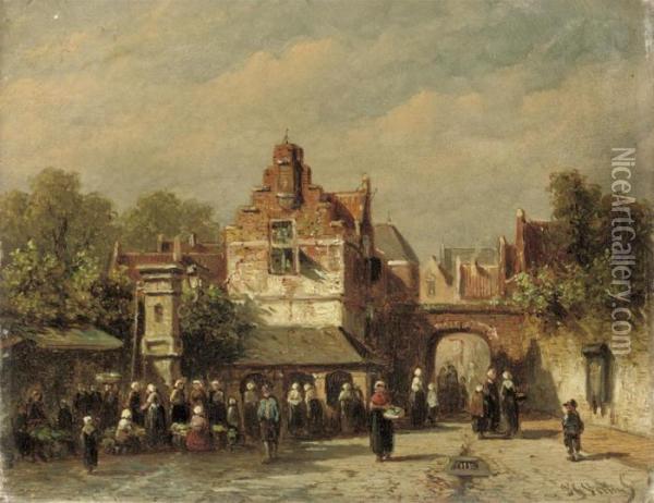 A Busy Market In Summer Oil Painting - Pieter Gerard Vertin