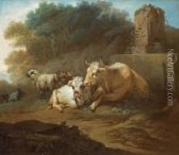 Cows And Sheep Lying Down By A Fountain Oil Painting - Friedrich Gauermann