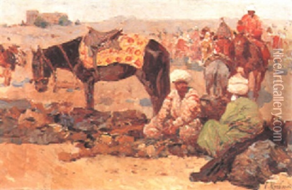 A Halt In The Desert Oil Painting - Franz Roubaud