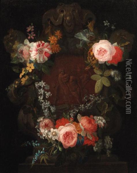 A Swag Of Roses, Carnations And 
Narcisi Surrounding A Stone Nichewith A Relief Of The Drunken Silenus Oil Painting - Nicolas Van Veerendael