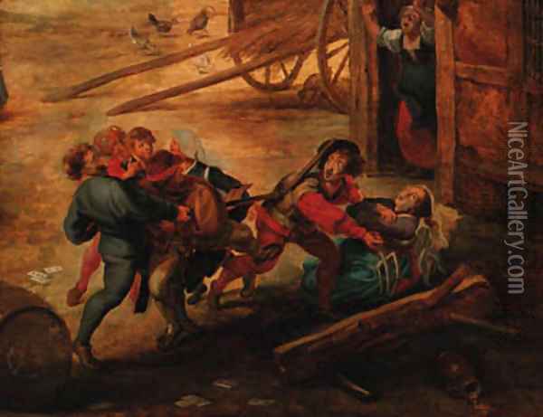 Peasants fighting in a farmyard Oil Painting - Peter Paul Rubens