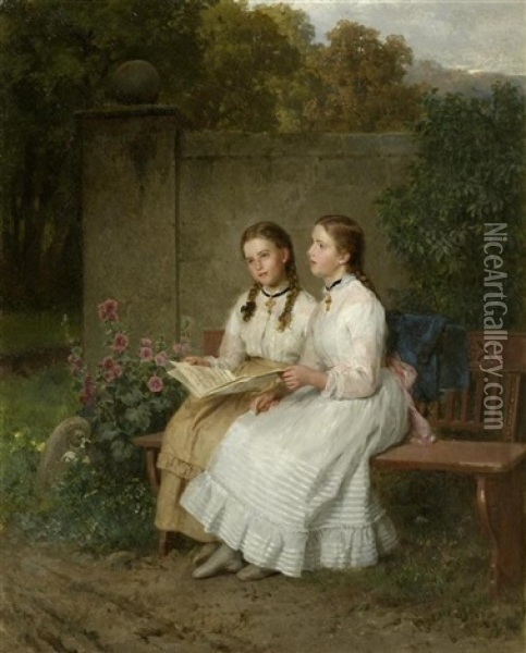 Zwei Singende Junge Madchen Auf Einer Parkbank Oil Painting - Minna (Henriette Wilhelmine) Heeren