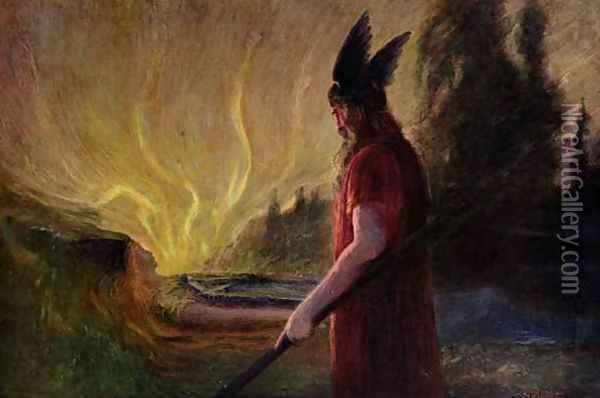 As the flames rise Odin leaves Oil Painting - Hermann Hendrich