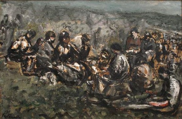 Halte Dans Un Paysage (+ Animaux Dans Un Paysage, Study; Verso) Oil Painting - Adolphe Peterelle
