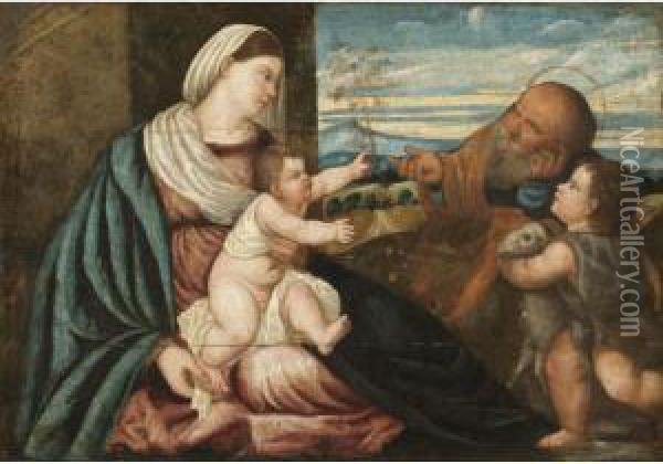 The Holy Family With The Infant Saint John The Baptist Oil Painting - Polidoro Lanzani (see Polidoro Da Lanciano)