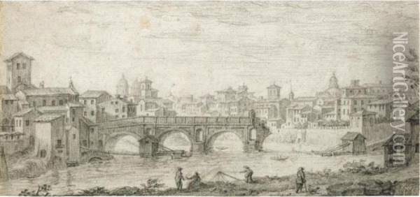 View Of The 'ponte Rotto', Rome Oil Painting - Israel Silvestre