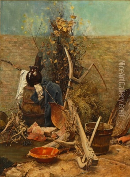 Garden Tools And Branches By A Wall Oil Painting - Anna Peters