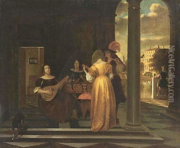 An Elegant Company Making Music In A Vestibule, With A View Of A City Oil Painting - Pieter De Hooch